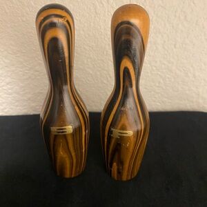 Vintage Wood Bowling Pin Brown & Black Striped Salt and Pepper Shakers